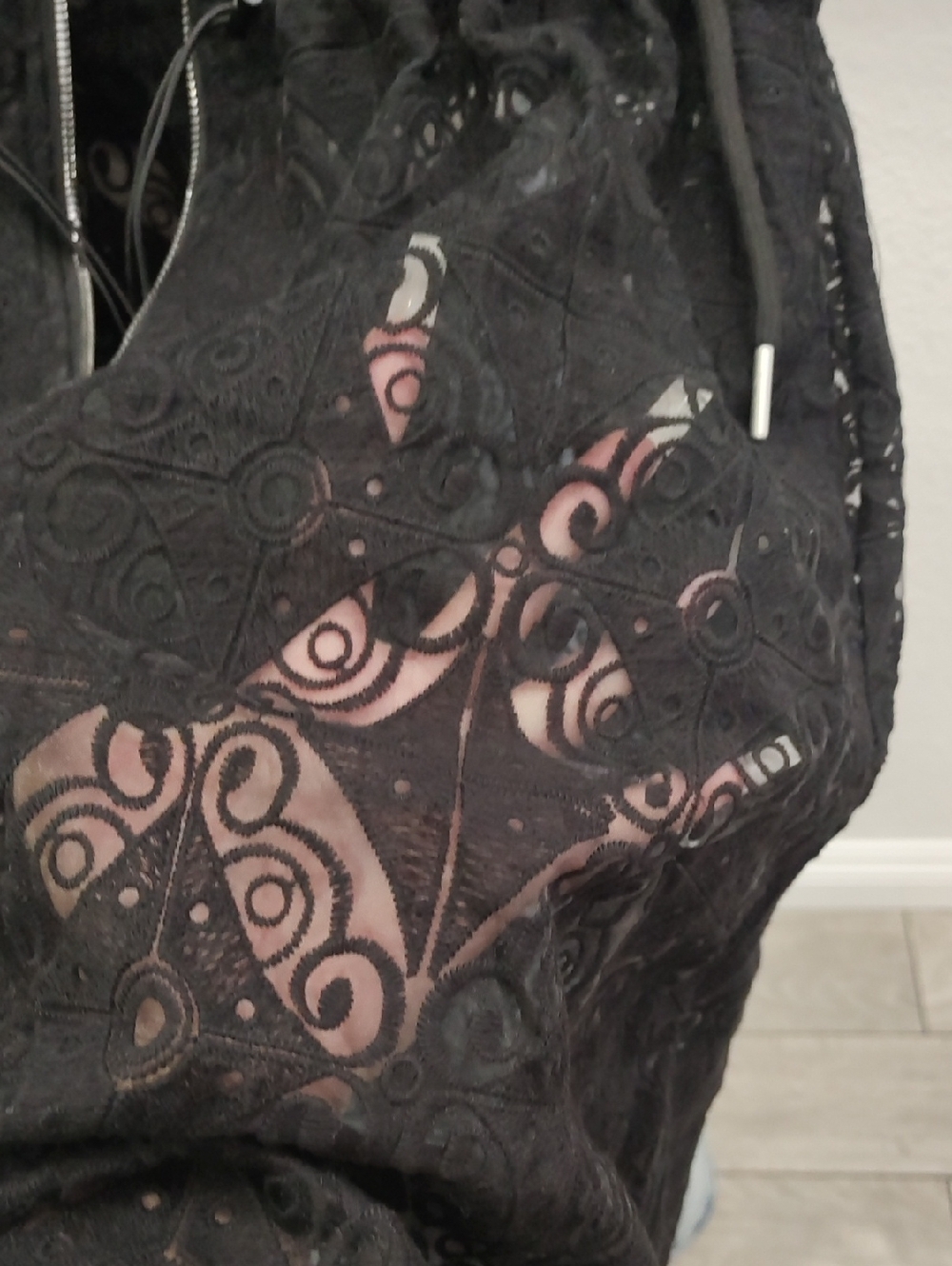 Boho Black Lace Cinch Waist Zip-Front Duster - Picture 2 of 9